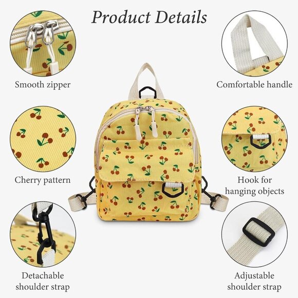 Cute Women's Corduroy Backpack - Yellow Cherry Print Daypack Ideal for Every Day - Picture 4 of 7